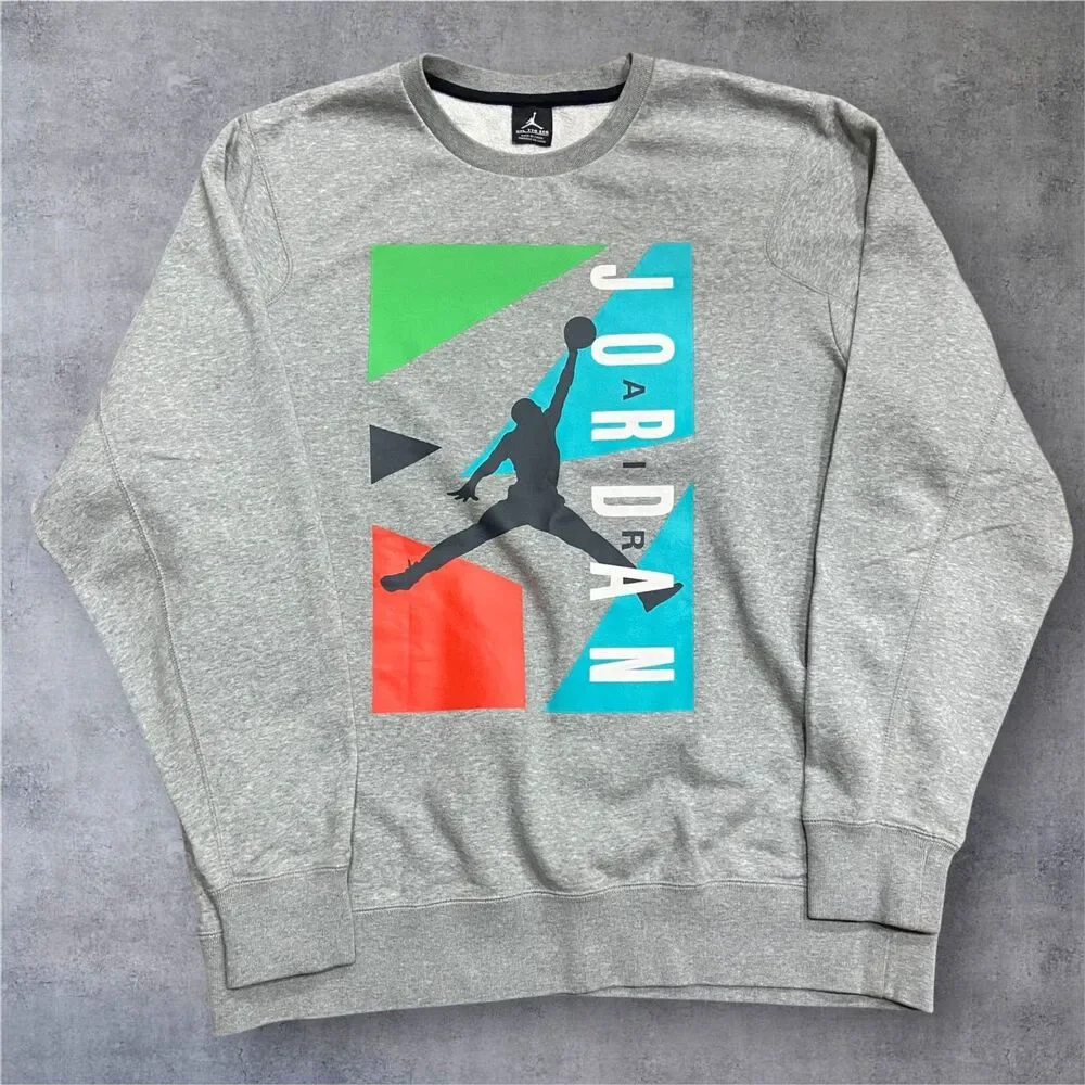 Jordan Block Fleece Crewneck Sweatshirt Gray Multi Cotton Blend Men's Size XXL
